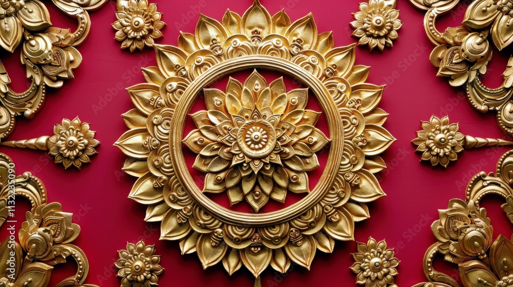 Poster ornate golden floral design with intricate patterns and textures on a rich red background for decora