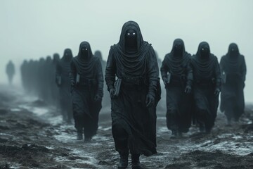 Hooded figures march, misty landscape, ominous scene.