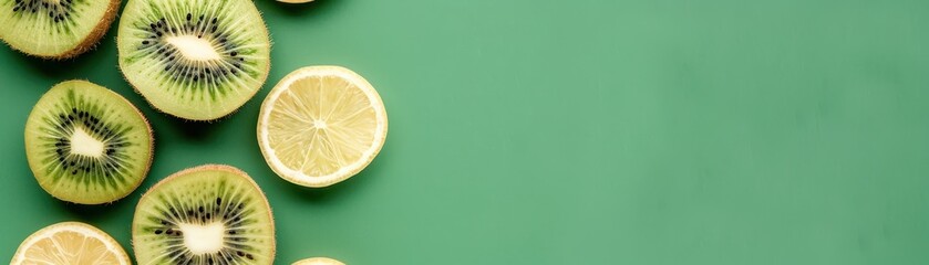 Fototapeta premium Fresh kiwi and lemon on a green background
