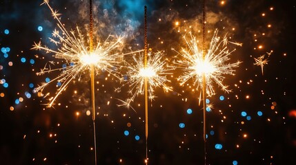 Fototapeta premium A close-up of sparklers glowing brightly against a dark background, creating a festive atmosphere.