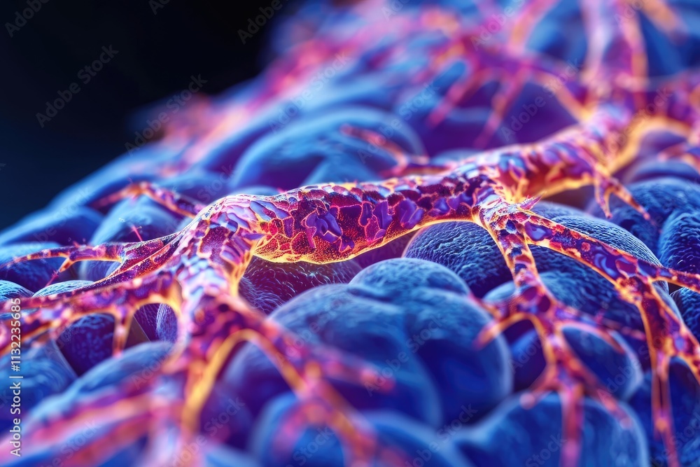 Poster a microscopic view of a multi-colored neuron branching across a surface