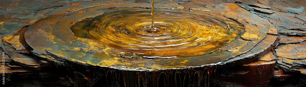Poster close-up view of liquid droplet creating ripples in vibrant colorful surface with abstract patterns 