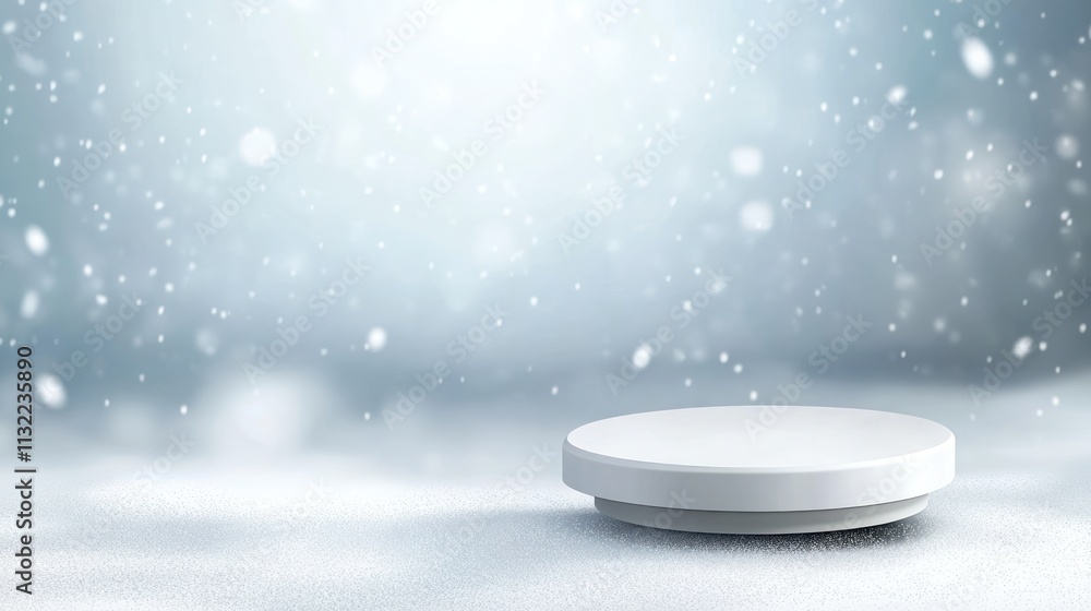 Poster a snowy scene featuring a circular platform, ideal for product display or presentation.