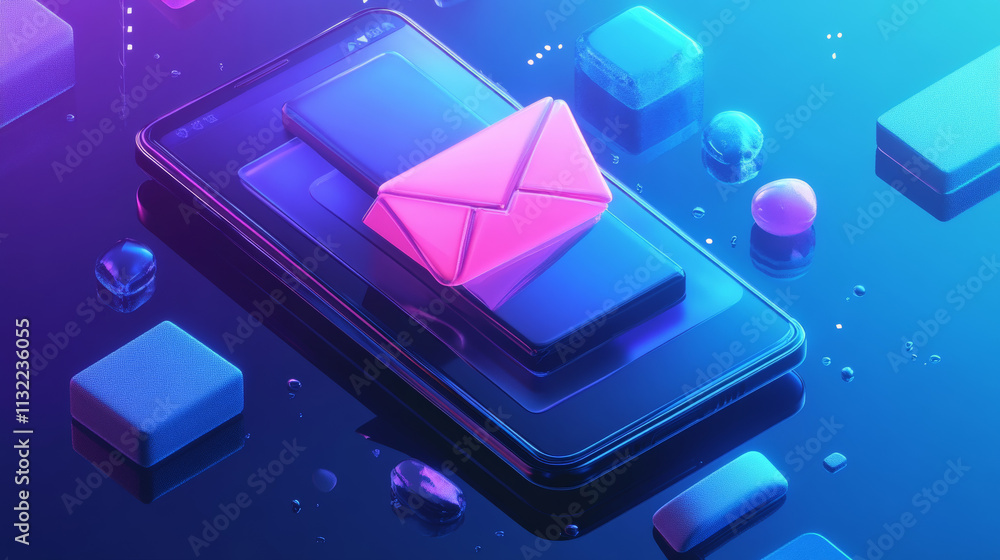 Aufkleber futuristic sending or receiving email concept with glowing smartphone and envelope with wings