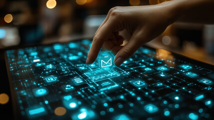Digital Touchscreen Interface: Hand touching document icon on virtual screen
