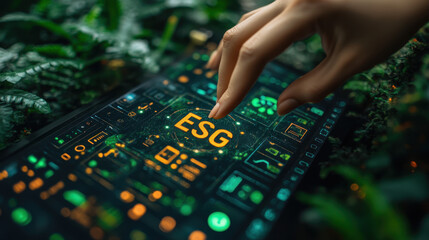 Interactive ESG Icon on Virtual Screen with Hand Touching, Environmental Sustainability Concept