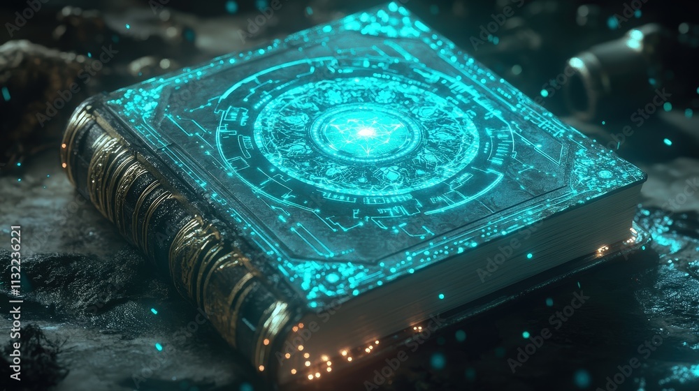 Poster create a scene with a futuristic notebook where an intricate mandala design glows on the cover, conn