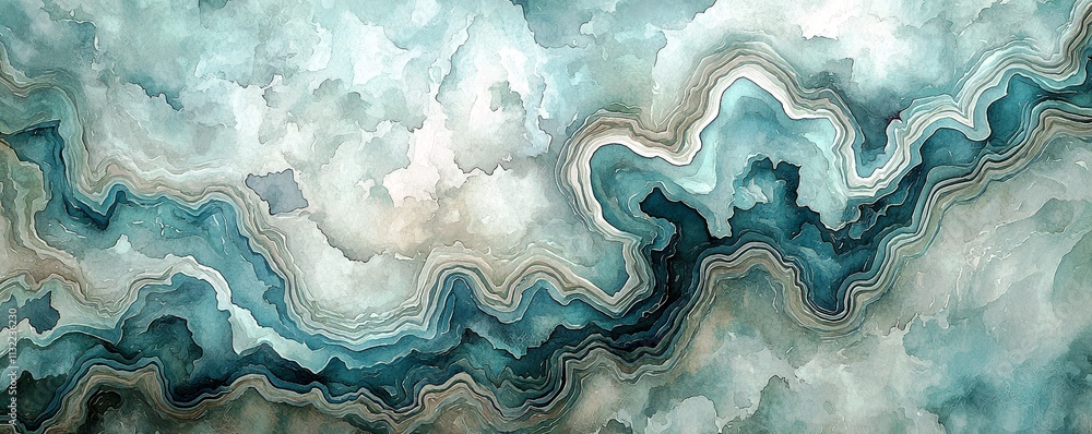 Poster abstract watercolor art with soft shades of aqua and earthy tones creating flowing and fluid pattern