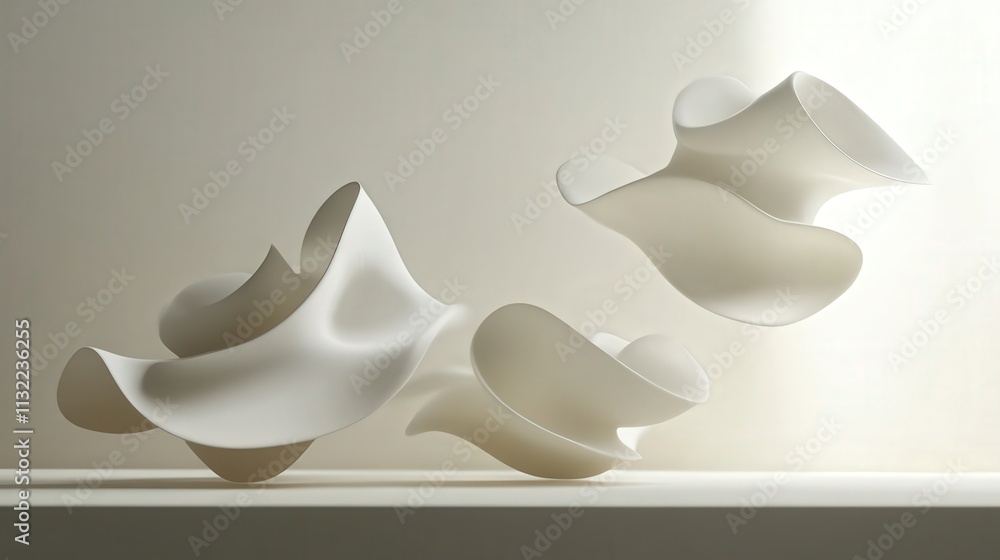 Poster create a serene 3d scene with a soft white background, featuring abstract forms that float gracefull
