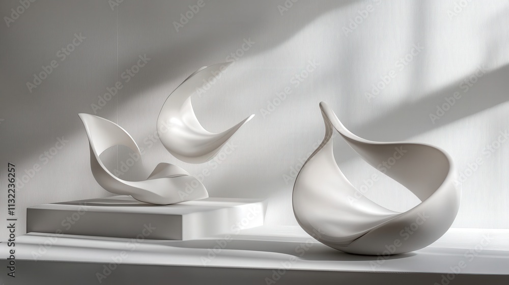 Poster create a serene 3d scene with a soft white background, featuring abstract forms that float gracefull
