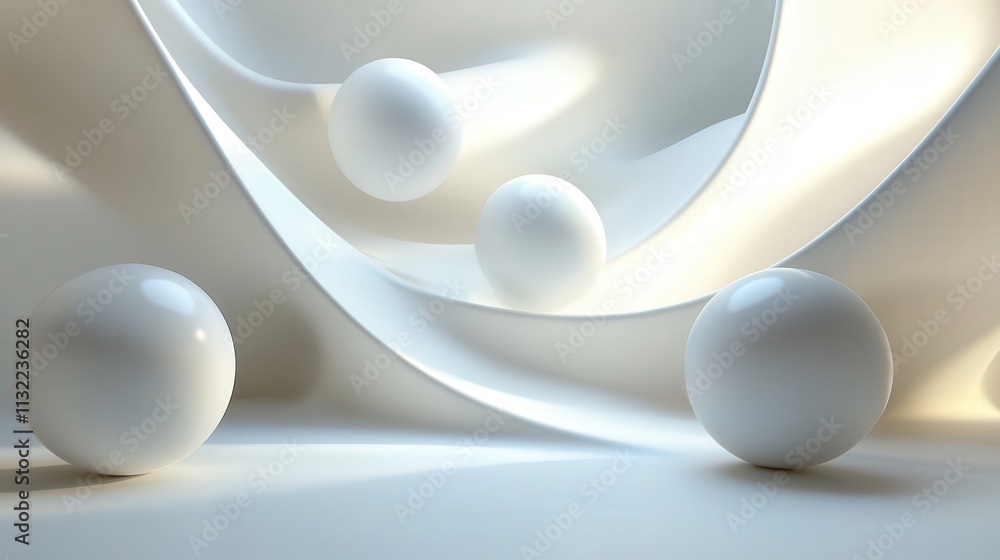 Poster create a serene 3d scene with a soft white background, featuring abstract forms that float gracefull