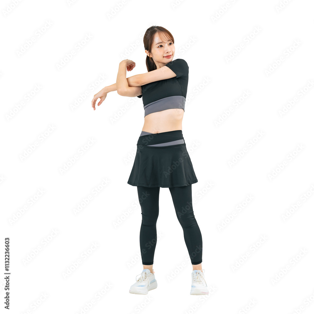 Aufkleber スポーツウェアを着てストレッチする女性　手作業で精密に切り抜いた背景透過全身写真png