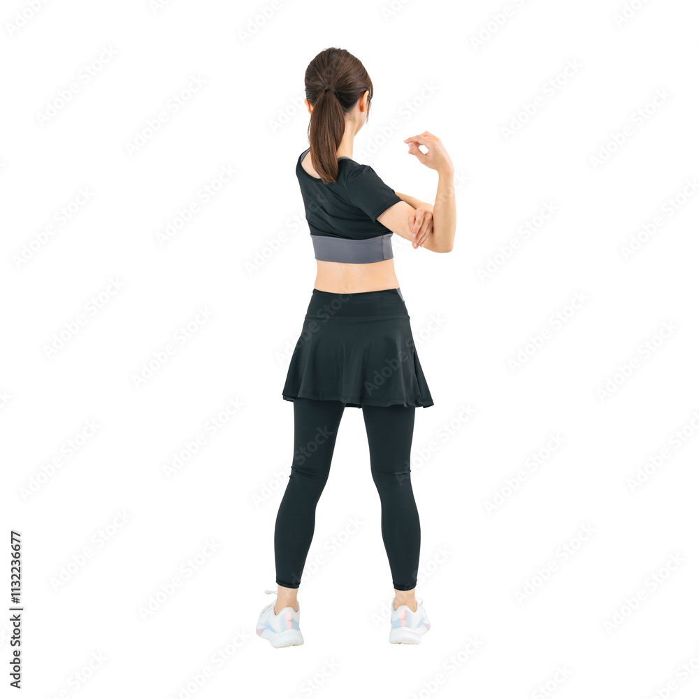 Aufkleber スポーツウェアを着てストレッチする女性の後ろ姿　手作業で精密に切り抜いた背景透過全身写真png