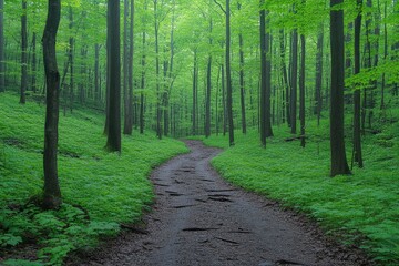 Obraz premium A winding path through a lush green forest