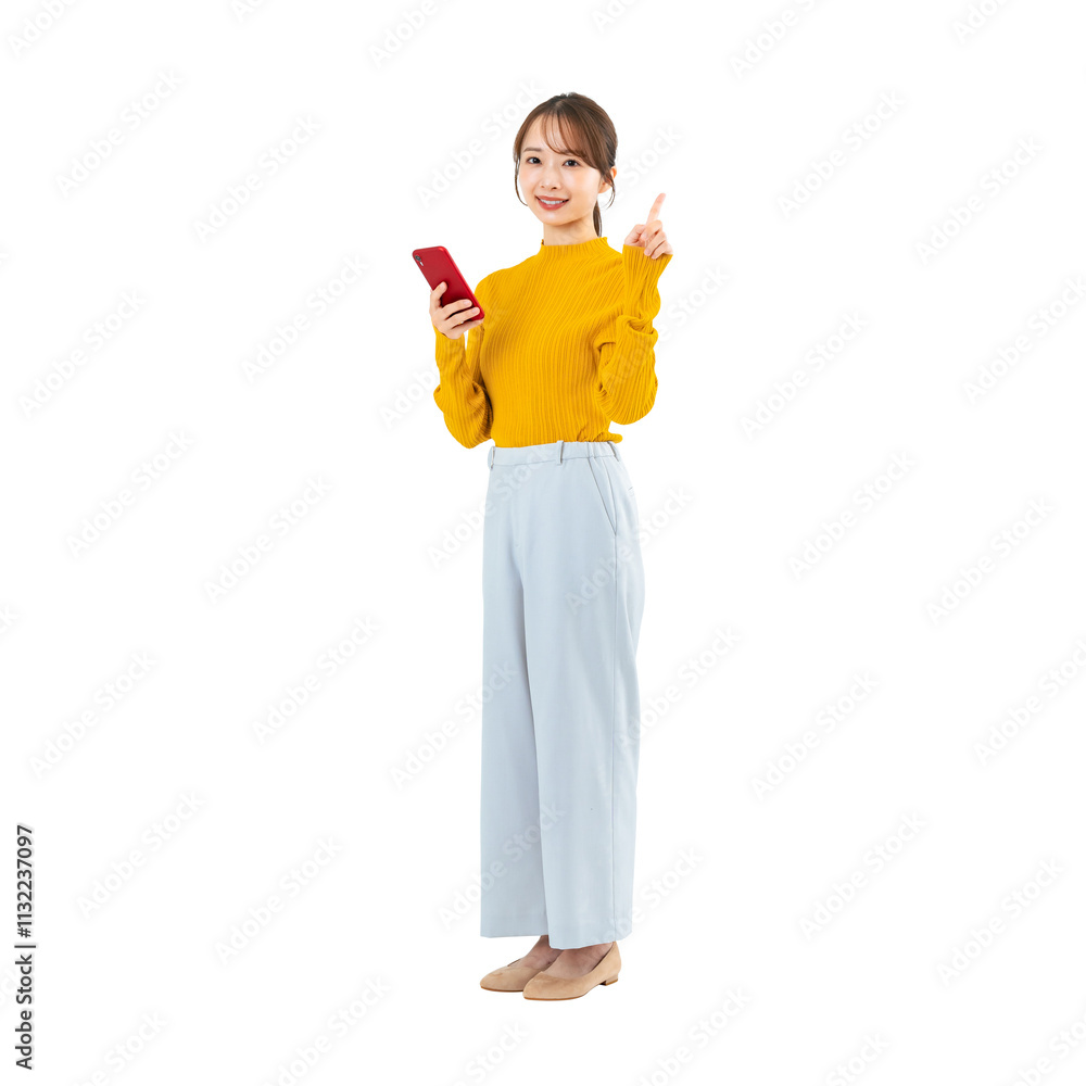 Poster スマホを持っておすすめする女性　手作業で精密に切り抜いた背景透過全身写真png