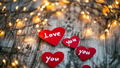 love you written on red paper hearts on wooden background with lights, Valentine's Day concept