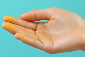 Close-up of a Hand with Yellow Substance on Fingers