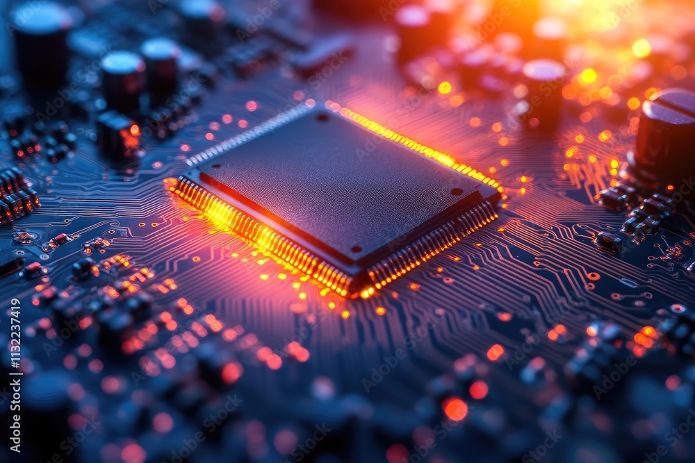 Poster close-up of a microchip on a circuit board glowing with orange light