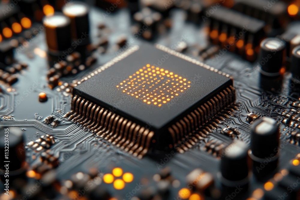 Poster close-up of a microchip with golden pins and illuminated circuitry