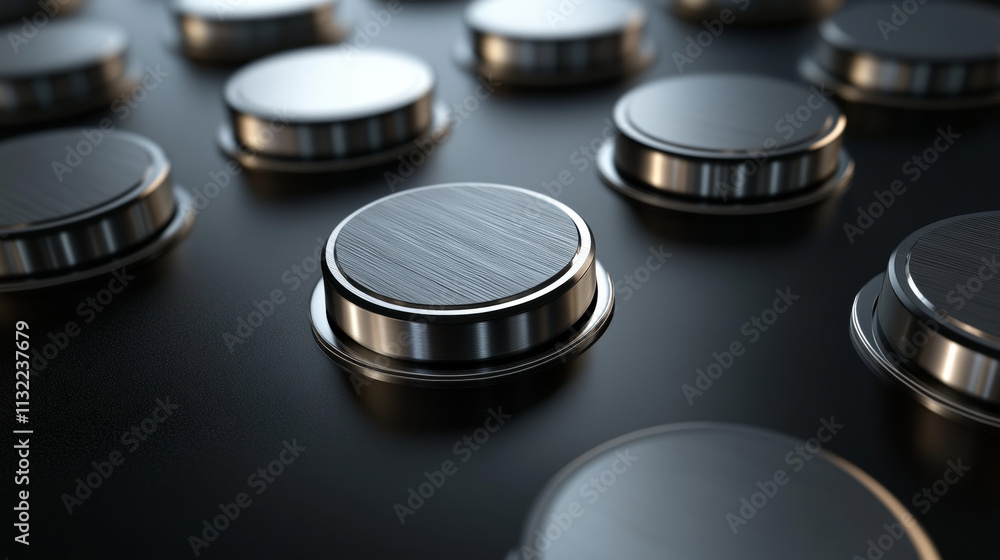 Poster glossy buttons with metallic chrome elements isolated, vector illustration.