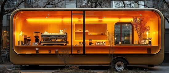 Illuminated mobile coffee shop with espresso machine and shelves.