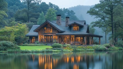 Fototapeta premium A serene lakeside cabin surrounded by trees, reflecting in calm waters at dusk.