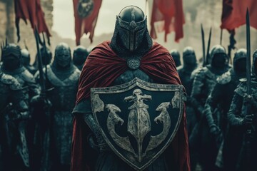 Fototapeta premium Medieval knight, red cloak, shield, army, battle.