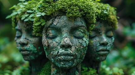 Obraz premium Three faces covered in moss and bark, serene and peaceful.