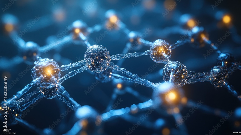 Poster abstract representation of interconnected molecules with glowing nodes.