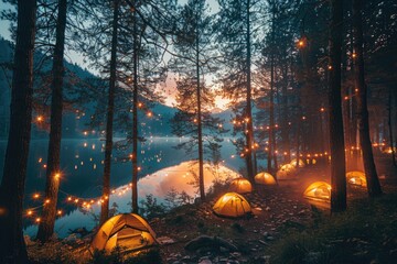 Enchanting Campsite with Tents Illuminated by String Lights in a Forest by a Lake