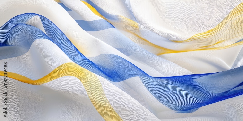 Poster abstract background featuring a white sarong cloth adorned with striking blue and yellow lines, crea