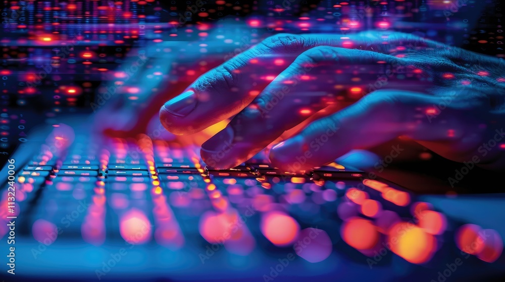 Poster close-up of hands typing on a glowing keyboard, blurred background of digital data.