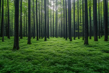 Obraz premium Lush Green Forest Floor with Tall Trees