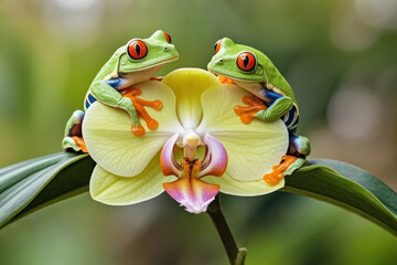 red eye tree frog on orchid flower