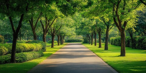 Obraz premium Serene tree lined pathway inviting strolls through a beautiful leafy green park, showcasing the vibrancy of nature and tranquility in a picturesque outdoor setting. Enjoy the peaceful ambiance 