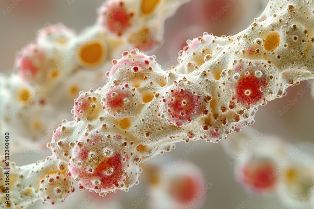 Poster microscopic view of a complex interconnected structure with red and yellow nodules