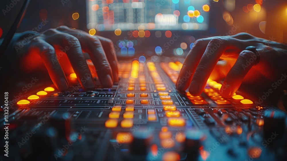 Poster close-up of hands working on a professional audio mixing console with glowing buttons.