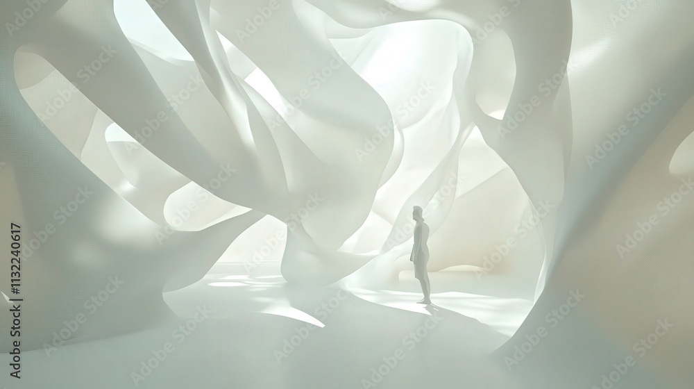 Poster design a sophisticated 3d scene with a light white background and floating abstract shapes. the ambi