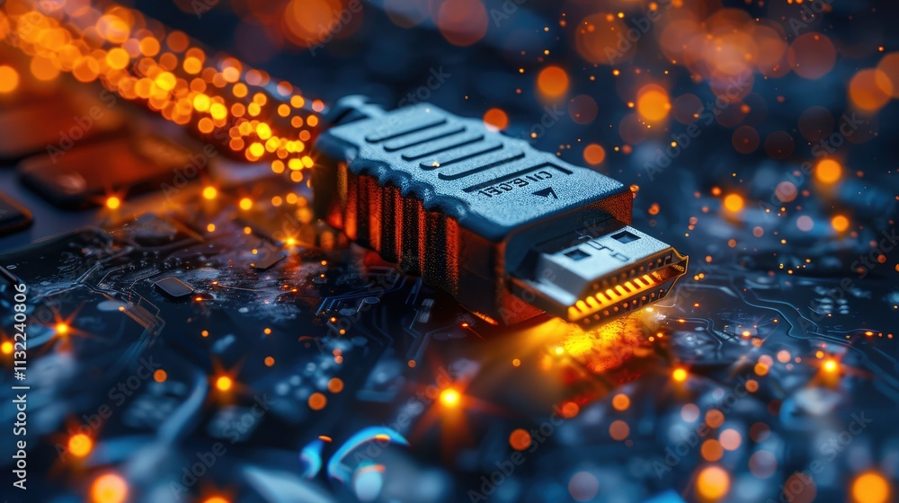 Poster close-up of hdmi cable connector on circuit board with glowing particles.