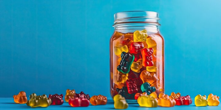Colorful gummy bears in a jar against a blue background, with scattered vibrant marmalade adding a playful touch to the scene of gummy bears and delightful sweets on the table. - Powered by Adobe