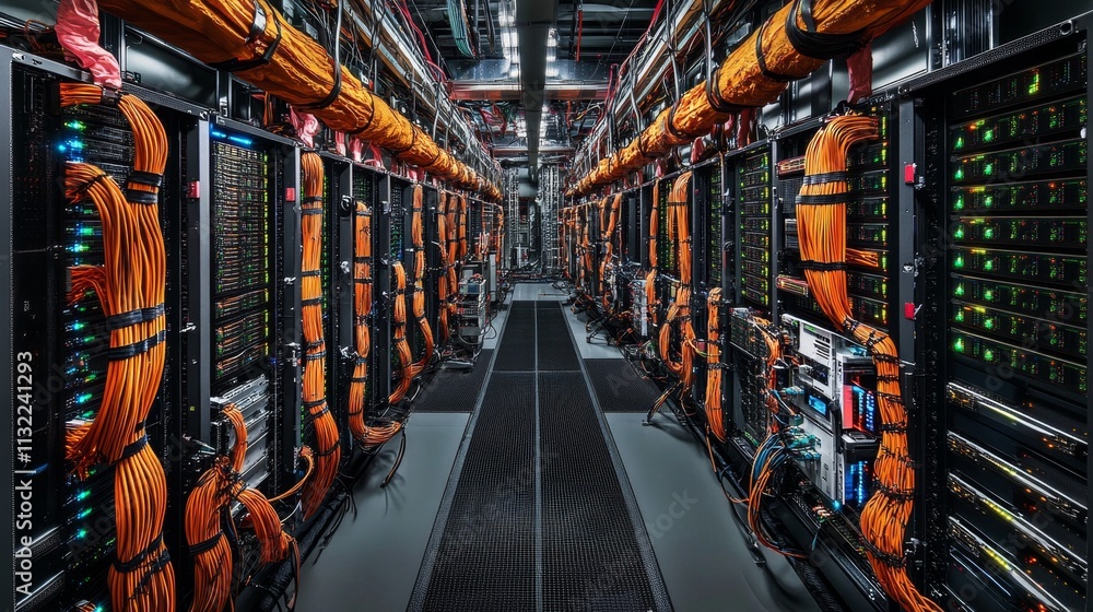 Poster data center operations high-tech facility digital infrastructure server environment wide-angle view 