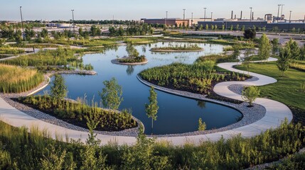 Design an efficient stormwater management system for an industrial area. Focus on strategies to control runoff, reduce pollutants