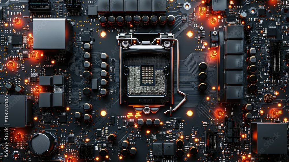 Aufkleber close-up of illuminated computer motherboard with cpu. (1)
