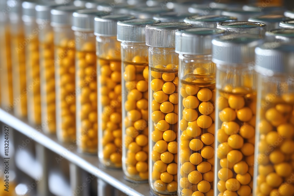 Poster rows of glass jars filled with yellow round objects