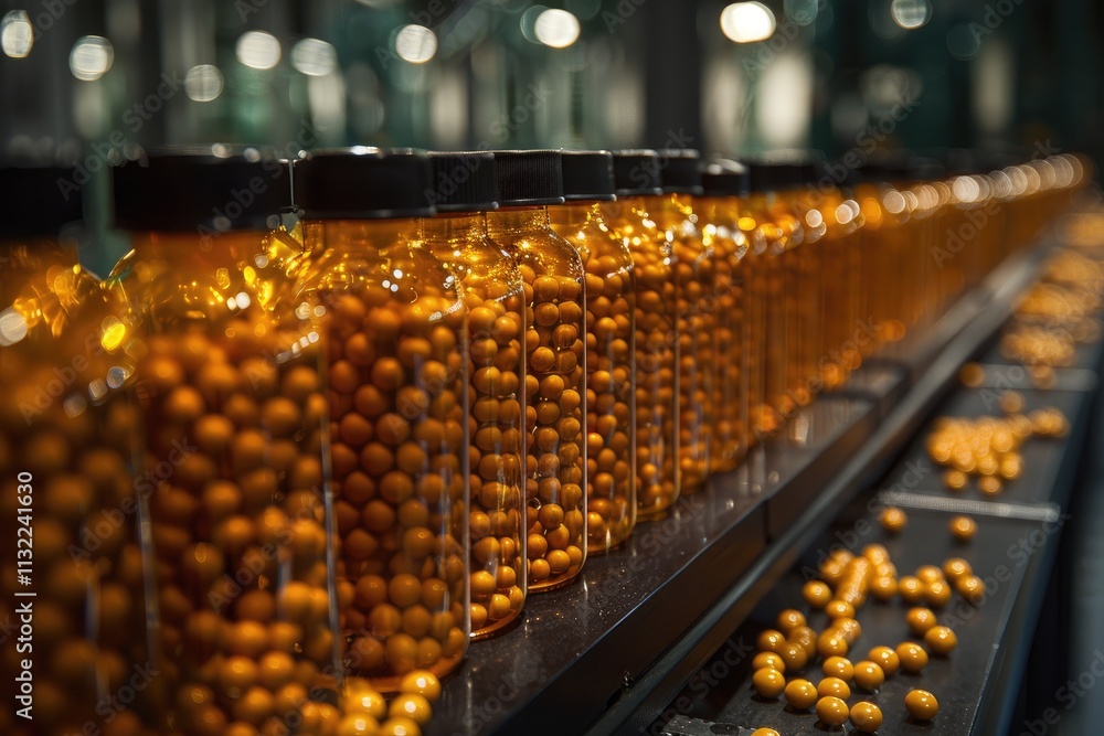 Poster rows of glass jars filled with small round objects