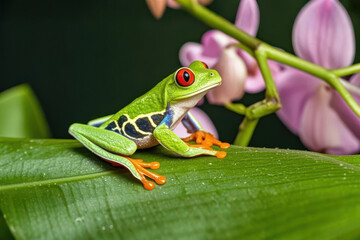Fototapeta premium red eye tree frog on orchid flower