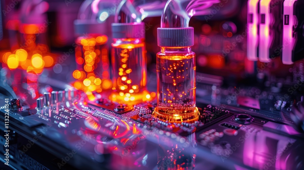 Poster close-up of illuminated liquid cooling system components on a computer motherboard.