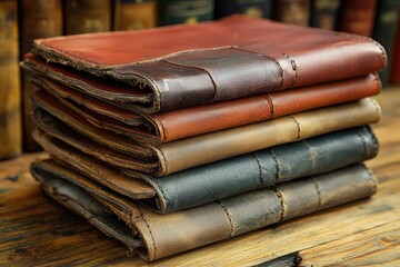Stack of Leather-Bound Journals with Worn Edges