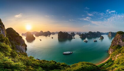 A breathtaking panoramic view of Halong Bay in northern Vietnam at sunset, showcasing limestone karsts and tranquil emerald waters, perfect for banners.
