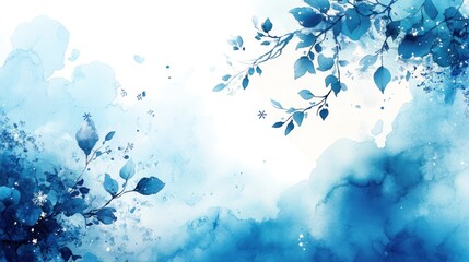 Abstract watercolor design featuring blue tones and leaf motifs.